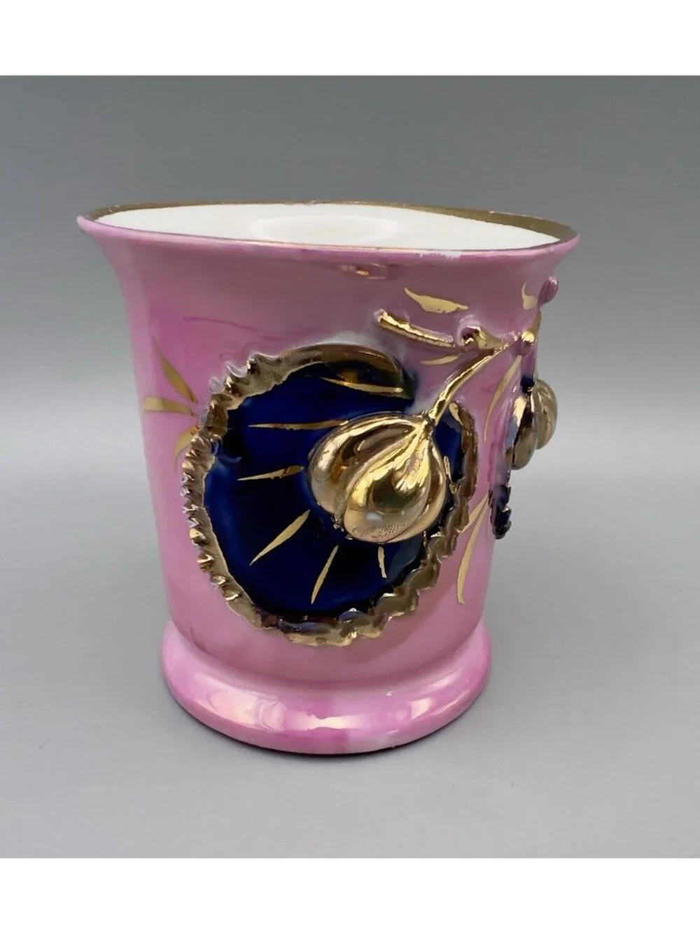 Antique German Shaving Mug Pink Lusterware 3D Fruit Gold Souvenir Ithaca NY